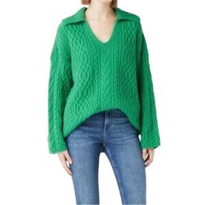 J. Jill Cable Knit Polo Sweater Trending Green Meadow Fisherman Core Size L